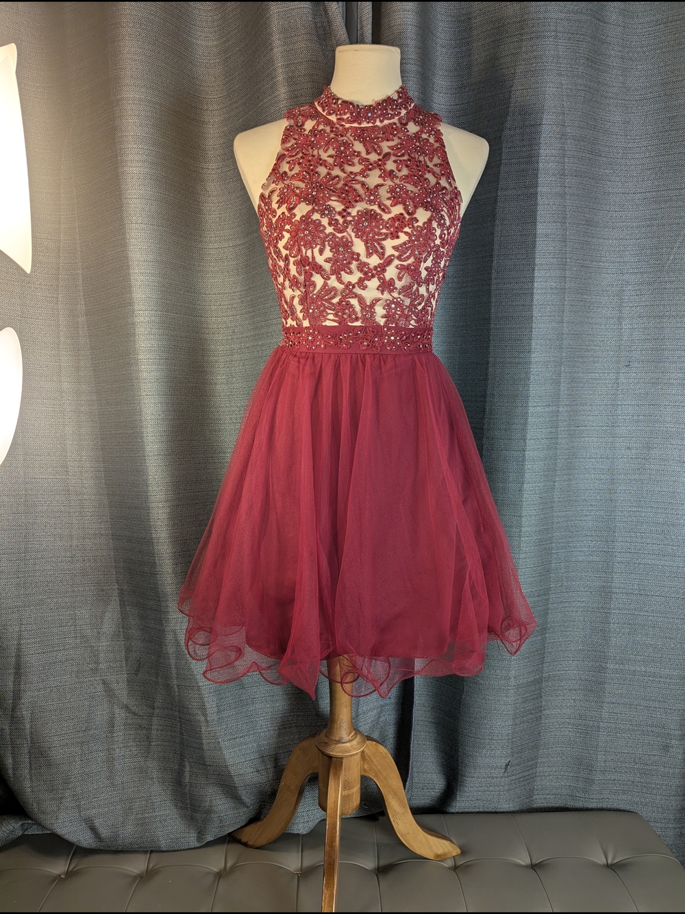 City Triangles Burgundy Beaded High-Neck Tulle Cocktail Dress
